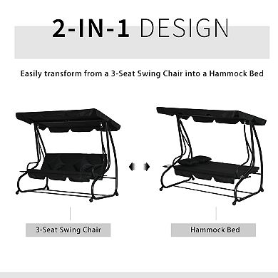Outsunny 3 Seat Outdoor Free Standing Covered Swing Bench with Comfortable Cushioned Fabric and Included Canopy Black
