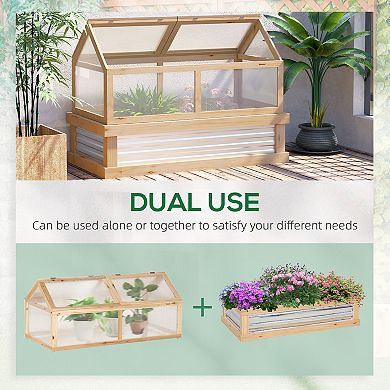Raised Garden Flower Bed Kit W/ Greenhouse Wooden Cold Frame Planter, Natural
