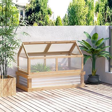 Raised Garden Flower Bed Kit W/ Greenhouse Wooden Cold Frame Planter, Natural