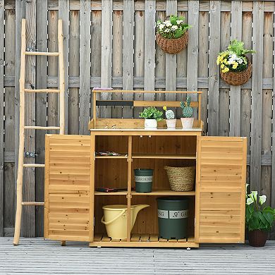 Outsunny Garden Potting Bench Table Wooden Workstation Shed with Tabletop Hooks 3 Tier Shelves Cabinet and 2 Magnetic Close Doors