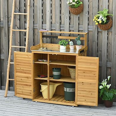 Outsunny Garden Potting Bench Table Wooden Workstation Shed with Tabletop Hooks 3 Tier Shelves Cabinet and 2 Magnetic Close Doors