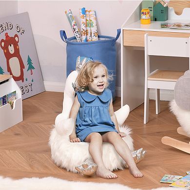 Qaba Stuffed Animal Sofa Armrest Chair Cartoon Storage Bean Bag Chair for Kids with Cute Swan Flannel PP Cotton 22" x 16" x 22" White