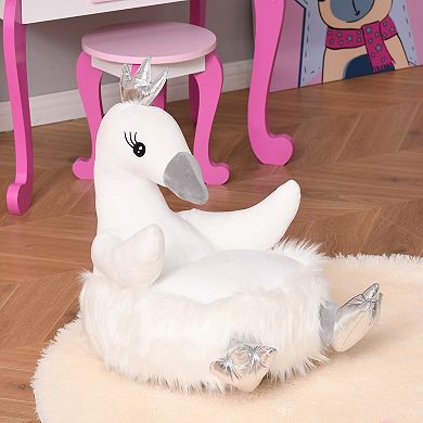 Qaba Stuffed Animal Sofa Armrest Chair Cartoon Storage Bean Bag Chair for Kids with Cute Swan Flannel PP Cotton 22" x 16" x 22" White