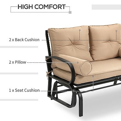 Outsunny 2 Person Outdoor Glider Chair Patio Double Rocking Loveseat with Steel Frame and Cushions for Backyard Garden and Porch Khaki
