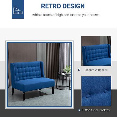 HOMCOM Wingback Double Sofa Linen Fabric Upholstery Button Tufted Loveseat Armless Couch Modern Contemporary Living Room Settee with Wood Legs Blue