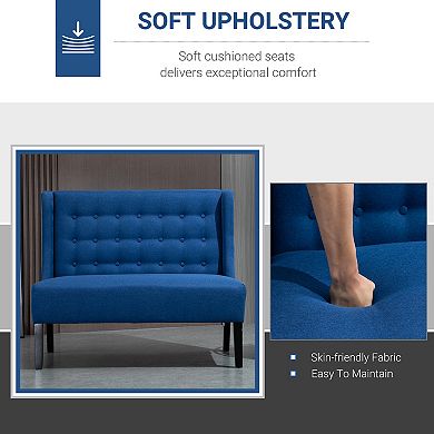 HOMCOM Wingback Double Sofa Linen Fabric Upholstery Button Tufted Loveseat Armless Couch Modern Contemporary Living Room Settee with Wood Legs Blue