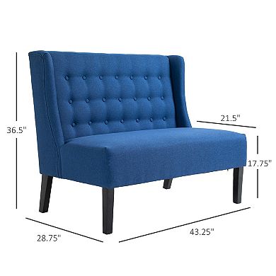 HOMCOM Wingback Double Sofa Linen Fabric Upholstery Button Tufted Loveseat Armless Couch Modern Contemporary Living Room Settee with Wood Legs Blue