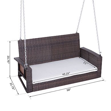 Outsunny 2 Person Wicker Hanging Porch Swing Bench Outdoor Chair with Cushions Cream White