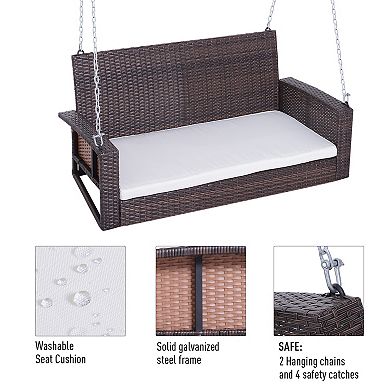 Outsunny 2 Person Wicker Hanging Porch Swing Bench Outdoor Chair with Cushions Cream White