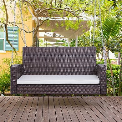 Outsunny 2 Person Wicker Hanging Porch Swing Bench Outdoor Chair with Cushions Cream White