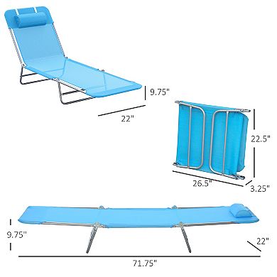 Outsunny Portable Sun Lounger Folding Chaise Lounge Chair w/ Adjustable Backrest and Pillow for Beach Poolside and Patio Blue