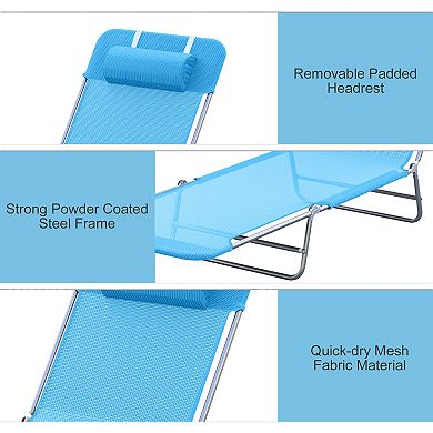 Outsunny Portable Sun Lounger Folding Chaise Lounge Chair w/ Adjustable Backrest and Pillow for Beach Poolside and Patio Blue