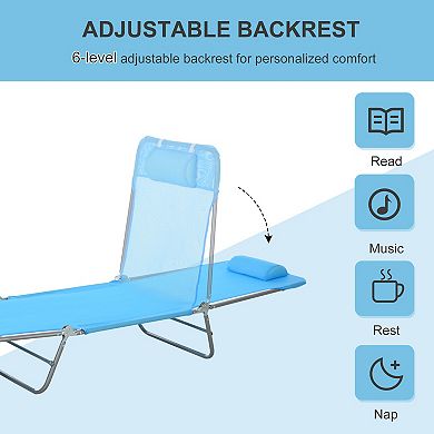 Outsunny Portable Sun Lounger Folding Chaise Lounge Chair w/ Adjustable Backrest and Pillow for Beach Poolside and Patio Blue