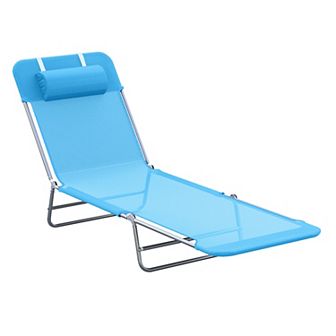 Outsunny Portable Sun Lounger Folding Chaise Lounge Chair w/ Adjustable Backrest and Pillow for Beach Poolside and Patio Blue