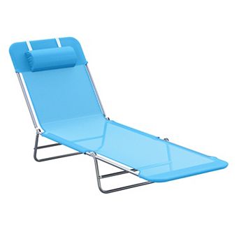 Outsunny Portable Sun Lounger Folding Chaise Lounge Chair w/ Adjustable Backrest and Pillow for Beach Poolside and Patio Blue