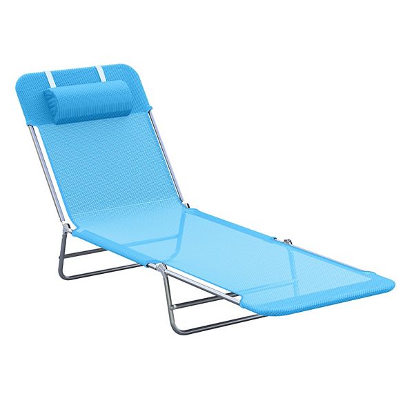 Outsunny Portable Sun Lounger Folding Chaise Lounge Chair w/ Adjustable Backrest and Pillow for Beach Poolside and Patio Blue - Blue Sliver