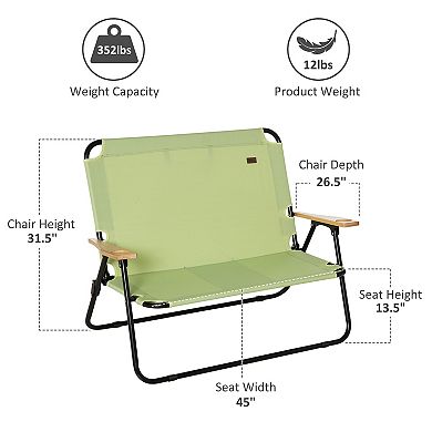 Outsunny Double Folding Chair Loveseat Camping Chair for 2 Person Portable Outdoor Chair with Wood Armrest for Fishing Travel Green