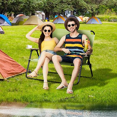 Outsunny Double Folding Chair Loveseat Camping Chair for 2 Person Portable Outdoor Chair with Wood Armrest for Fishing Travel Green