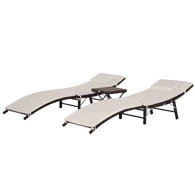 Outsunny 3 Piece Set Outdoor Folding Patio PE Rattan Wicker Chaise Lounge and Side Table Set