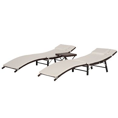 3 Piece Outdoor Folding Rattan Wicker Chaise Lounge Chair And Table Set
