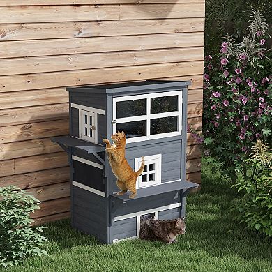 Feral Cat House Outdoor, 3-tier Kitty Shelter, Weather Resistant, W/ Escape Door