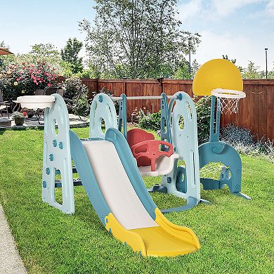 Qaba 5 in 1 Kids Slide and Swing Set with Basketball Hoop Soccer Goal Ring Toss Game Adjustable Height Water fillable Base Toddler Playset Playground Activity Center Indoor Outdoor Exercise Toy