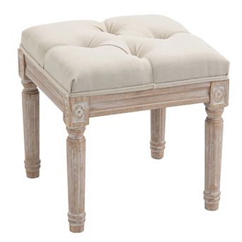 Ottoman Bench Vintage Footrest W/ Button Tufted Seat, Carved Wooden Legs, Grey