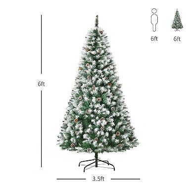 HOMCOM 6 ft Unlit Snow Dusted Full Fir Artificial Christmas Tree with Realistic Branches 61 Pine Cones and 800 Tips
