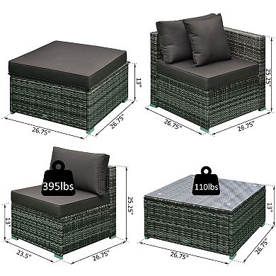Outsunny 6 Pieces Outdoor Rattan Sofa Set Sectional Conversation Patio Furniture Set with Cushions and Coffee Table Beige