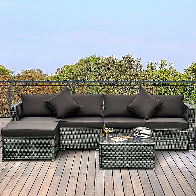 Outsunny 6 Pieces Patio Furniture Sets Outdoor Wicker Conversation Sets All Weather PE Rattan Sectional sofa set with Ottoman, Cushions & Tempered Glass Desktop, Blue