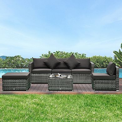 Outsunny 6 Pieces Outdoor Rattan Sofa Set Sectional Conversation Patio Furniture Set with Cushions and Coffee Table Beige