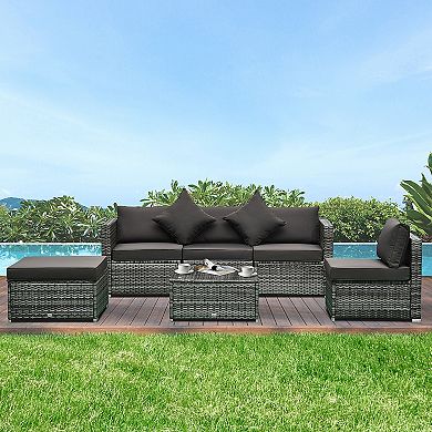 Outsunny 6 Pieces Patio Furniture Sets Outdoor Wicker Conversation Sets All Weather PE Rattan Sectional sofa set with Ottoman, Cushions & Tempered Glass Desktop, Blue