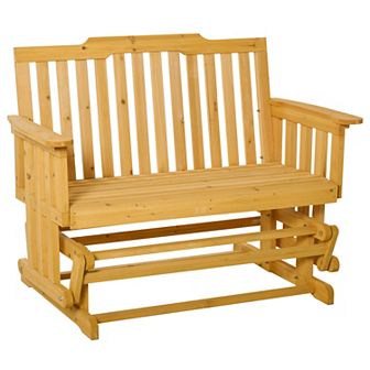 Outdoor Glider Chair, 2 Person Wood Rocking Chair, Armrests, Backyard, Natural