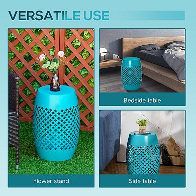 Chic, Modern, Outdoor & Indoor Garden Steel Round Side Table, Hollow Drum, Blue