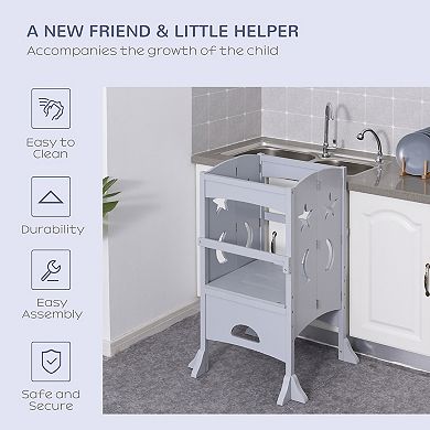 Qaba Kitchen Step Stool for Kids Wooden Foldable Helper Stool with Support Handles Safety Rail Cooking Stool Stand for Toddler Kitchen Bathroom Counter Step Non Slip Grey