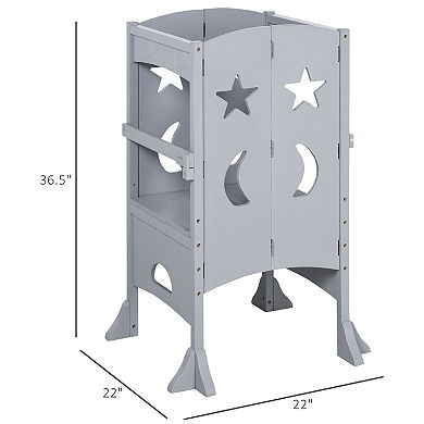 Qaba Kitchen Step Stool for Kids Wooden Foldable Helper Stool with Support Handles Safety Rail Cooking Stool Stand for Toddler Kitchen Bathroom Counter Step Non Slip Grey