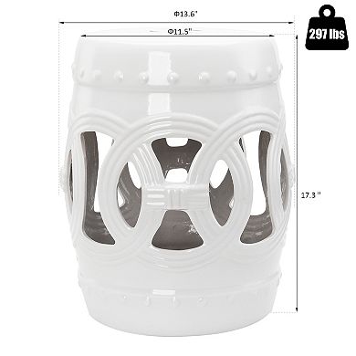 Outsunny 14" x 17" Ceramic Side Table Garden Stool with Knotted Ring Design and Glazed Strong Materials White