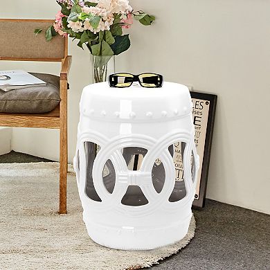 Outsunny 14" x 17" Ceramic Side Table Garden Stool with Knotted Ring Design and Glazed Strong Materials White
