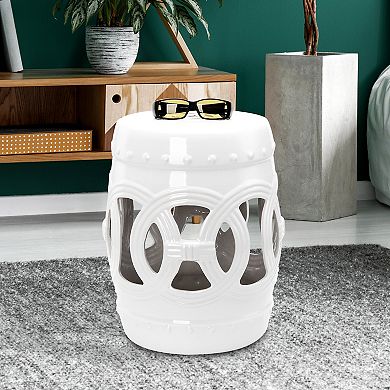 Outsunny 14" x 17" Ceramic Side Table Garden Stool with Knotted Ring Design and Glazed Strong Materials White