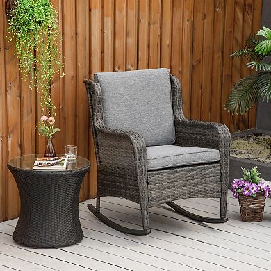 Outsunny Patio Wicker Rocking Chair Outdoor PE Rattan Swing Chair w/ Soft Cushions Classic Style for Garden Patio Lawn Mixed Grey