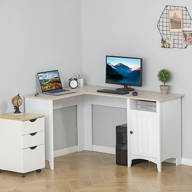 L Shaped Computer Office Desk Corner Workstation W/ Shelf & Cabinet, Natural