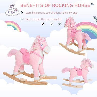 Qaba Kids Ride on Rocking Horse Toddler Plush Toy with Realistic Sounds and Swinging Tail for 3 Years Old Children