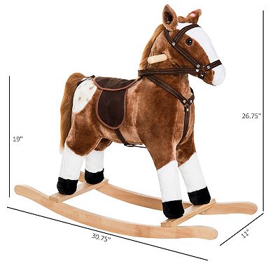 Qaba Kids Plush Toy Rocking Horse Pony Toddler Ride on Animal for Girls Pink Birthday Gifts with Realistic Sounds Brown