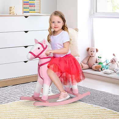 Qaba Kids Plush Toy Rocking Horse Pony Toddler Ride on Animal for Girls Pink Birthday Gifts with Realistic Sounds Brown