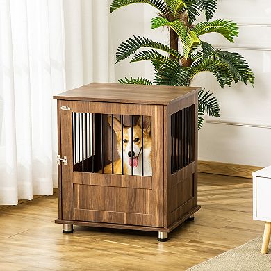 Wooden Dog Crate With Surface, Stylish Pet Kennel W/ Magnetic Doors, Grey