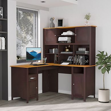 HOMCOM L Shaped Computer Desk with Storage Shelves Home Office Desk with Drawers and Cabinets Coffee Brown