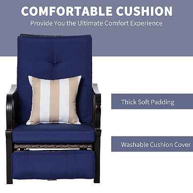 Outsunny Adjustable Patio Rattan Leisure Chair Outdoor Relax PE Rattan Recline Lounge Furniture w/ Cushion and Armrest for Backyard Garden Patio Dark Blue