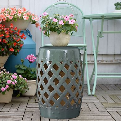 Porcelain Stoneware 13" Plant Stand / Side Table / Seat W/ Decorate Design