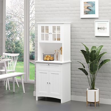 HOMCOM Kitchen Buffet Hutch Wooden Storage Cabinet with Framed Glass Door Drawer and Microwave Space White