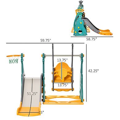 Qaba 3 in 1 Kids Swing and Slide Set with Basketball Hoop Slide Swing Adjustable Seat Height Indoor and Outdoor Toddler Playground Activity Center Play Equipment